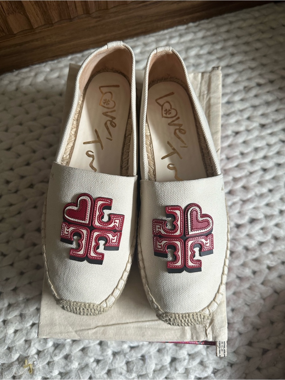 Tory Burch Cream Canvas Espadrilles with Red Logo Appliqué
